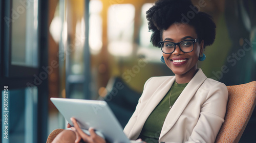 Retrato de uma mulher de negócios empreendedora negra com tablet digital no escritório durante a pausa para o café