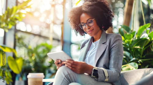 Retrato de uma mulher de negócios empreendedora negra com tablet digital no escritório durante a pausa para o café