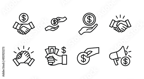 Business marketing thin line icon set. Containing sponsor, agreement, donation, handshake, partnership, trust, money, social media, megaphone, campaign, purchase, donation. Vector illustration