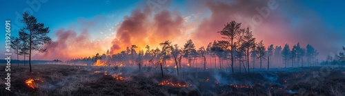 A forest fire in the Scandinavian pine forests at dawn, flames and smoke create an atmospheric scene. The sky is blue with orange hues from the burning trees. A panoramic view of the landscape showing