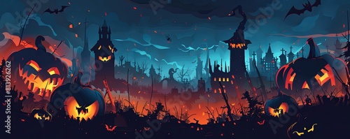 Dynamic Halloween scene with haunted houses and flying bats under a twilight sky. Halloween festival concept
