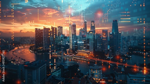 AI is featured against a backdrop of a city skyline that is aglow with the fading light of day, with holographic projections casting a futuristic vision based on data-driven insights.