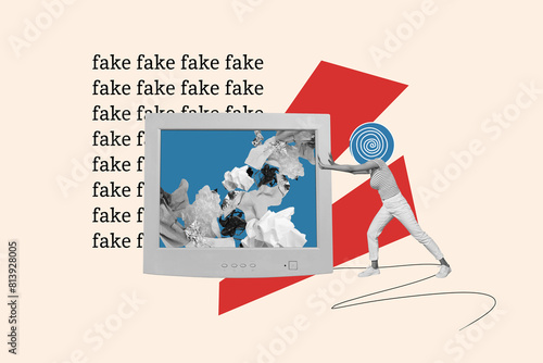 Composite artwork collage image of mini girl push big screen fake news isolated on creative background