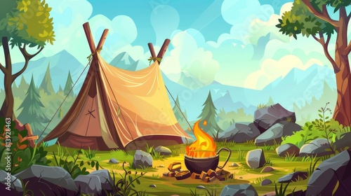 Modern banner with tent, bonfire, and bowler for tourism, hiking, vacation on nature. Cartoon illustration of campsite with tent and cauldron on fire.