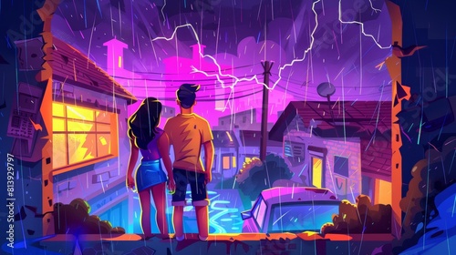 Young couple stand at window looking at night ghetto street with old cracked buildings and broken cars under rain and lightning in dark sky, family at home Cartoon modern illustration