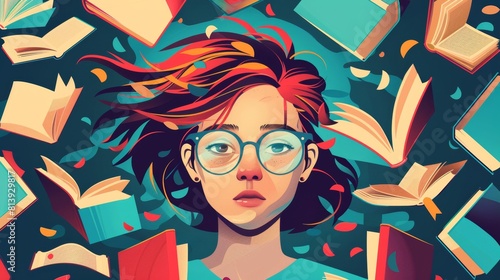 A cartoon banner for a book store with a young woman in round glasses and flying books in colorful covers. An invitation or promo for a book store opening with a student nerd. Cartoon illustration