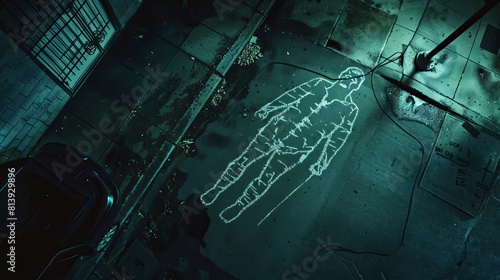 In this shot, a chalk body outline is drawn on the pavement to symbolize a crime scene on a street at night. A forensic scientist investigates a gruesome crime that left three dead.