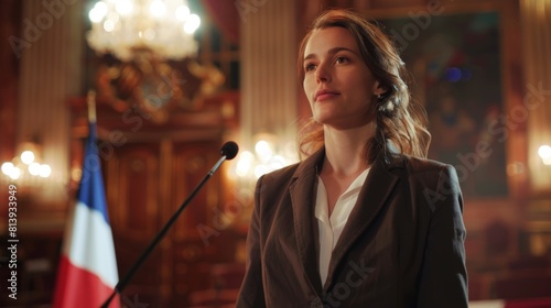 In the background are French flags. The organization's female representative speaking at press conference in Government building. The representative from the press office delivering a speech at the