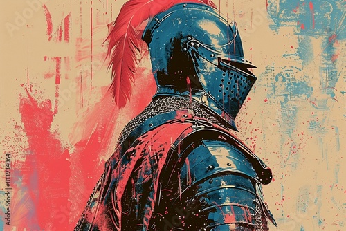 A poster of a knight in red and blue armor and a red plume on his helmet.