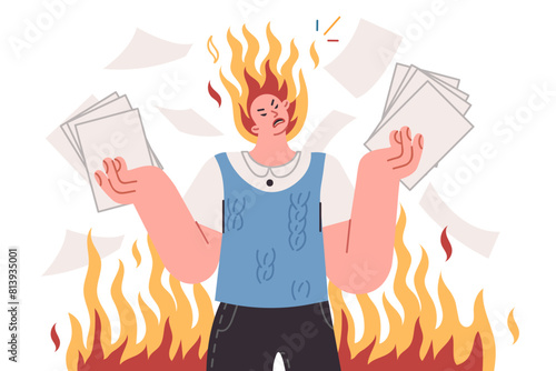 Angry man, nervous about bureaucracy and overabundance of paperwork, stands among flames