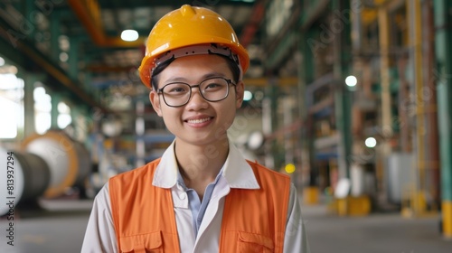 A portrait of a confident heavy industry engineer. Confident Chinese industrialist standing in a factory facility, wearing a hard hat, glasses, and safety uniform.