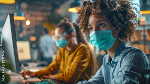 Two stylish employees in a loft office wearing protective face masks and working on computers. Colleagues answer emails and manage marketing campaigns. Pandemic Covid-19 concept.