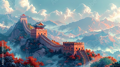 Design an illustration showcasing the majestic beauty and historical significance of the Great Wall of China stretching across rugged landscapes and symbolizing centuries of defense and cultural excha
