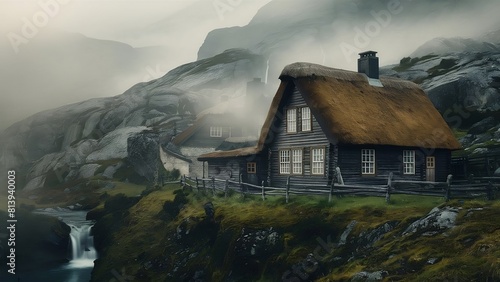 mountain village in the mountains, house in the fog, casa aislada en la montaña con niebla, granja del norte de Europa en el campo