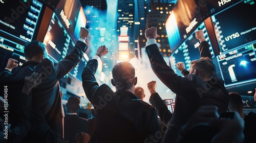 A group of successful stock exchange brokers celebrates a lucrative auction on the stock exchange with a bang.