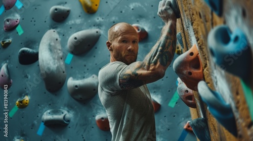 Man Exercising at Indoor Fitness Facility, Practicing Extreme Sport for His Healthy Training at Sports Wall. Lifestyle Portrait of Strong Experienced Rock Climber.