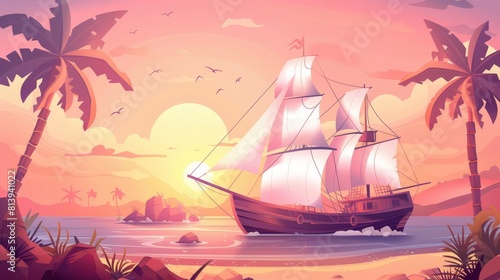 At sunrise seascape view with tropic islands and palm trees, wooden ship with white sails floats under pink sky. Ancient frigate at morning sea, scenery nature landscape, cartoon modern illustration.