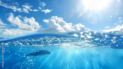 A bright underwater scene with sunlight filtering through the clear blue ocean water and bubbles, split by the waterline.