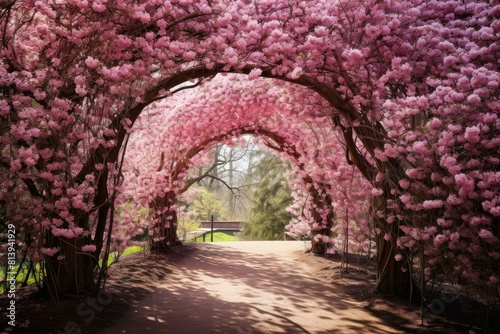 Blossoming Spring flowers arch. Green nature park. Generate Ai