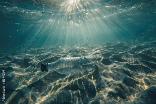 Plastic bottle floating in the ocean, suitable for environmental concepts