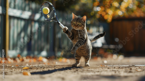 Cat playing tennis with tennis racket