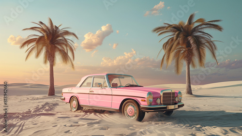 Pink mercedes driving on sand with palm trees