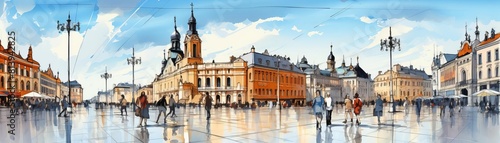 Aquarelle painting of a large European city square with people walking about on a cloudy day.