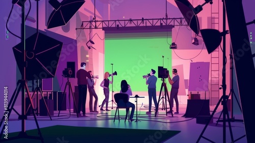 The film production team is recording a film. This illustration shows a woman with a camera, the director with a megaphone, an actor near a green screen, and a man with a microphone and reflector, an