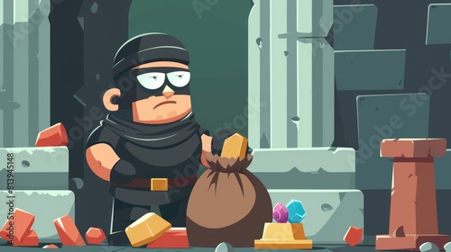 The stupid tomb robber in black is trapped with his sack full of antique treasures. Modern cartoon illustration shows the criminal bumping his head on the stone column, surrounded by bags of