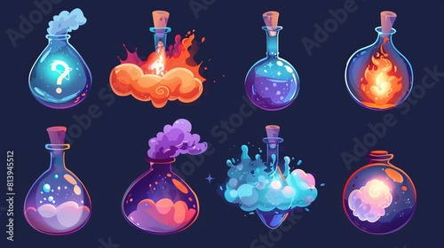 Modern cartoon illustration of elixir bottles with magic purple elixir, explosion or evaporation gas effect, question mark on label.