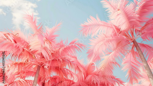 Pink palm trees against a blue sky