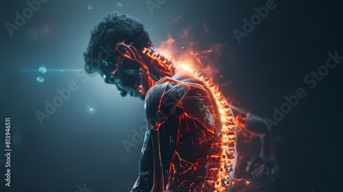 The following is a VFX Back Pain Virtual Reality presentation render developed using a digitally generated person experiencing discomfort as a result of a spinal injury or arthritis. A schematic