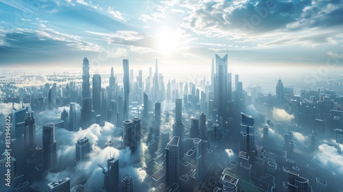 Imaginative concept of an urban megapolis with creative skyscrapers, banks, offices, hotels, autonomous flying machines, perfect clouds, a futuristic city concept. 3D illustration.