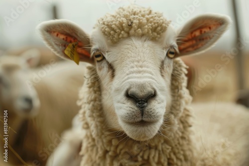 Close-Up View of a Sheeps Face With Ear Tag in a Sunny Pasture