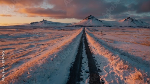 sunset in the mountains , path , snow , peaceful , winter