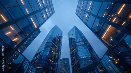 Looking up at the illuminated entrance of a modern office building in the evening with a blue sky backdrop.