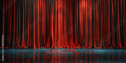 Red velvet stage curtains with reflective floor. Rich red velvet theater curtains set against a reflective blue floor, ideal for dramatic stage settings