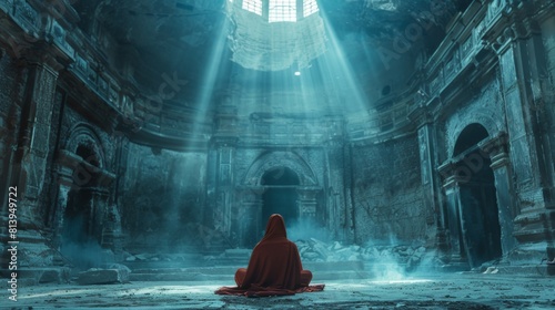 A solitary monk meditates in a dilapidated monastery under a beam of light from above.
