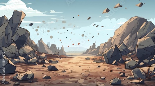 Large rocks float through the air above a desert landscape.
