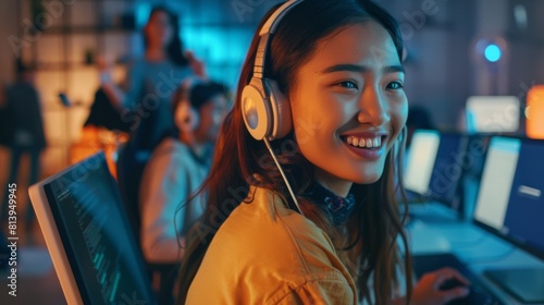 Modern Bright Office with Multiethnic Group of Creative Colleagues Working on Computers. Biracial Woman Using Headphones After Successfully Finishing a Work Project. Asian Man Using Headphones.