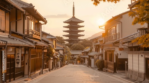 Golden sunlight bathing a serene traditional Japanese street, showcasing a pagoda and charming old houses.
