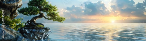 Cascading bonsai on a cliff edge, overlooking a calm sea, sunset in the background, dramatic and serene
