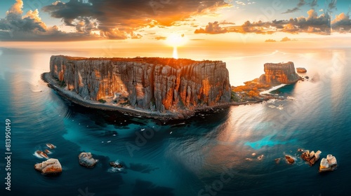Aerial view of rugged limestone cliffs by the sea at sunset with a dramatic sky.