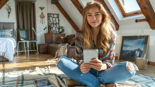 Young woman taking a photo with her smartphone indoors, casually sitting with a bright, cozy interior background.