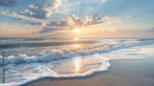 A serene sunrise over North Topsail Beach, with gentle waves breaking on the shore and a radiant sky above.