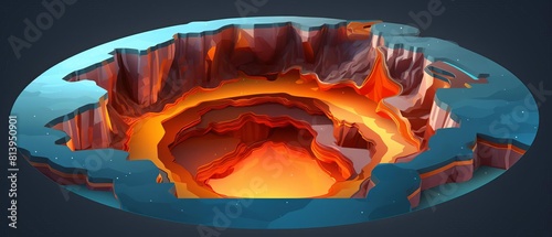 The image shows a cross-section of the Earth's crust, with a large magma chamber beneath the surface.