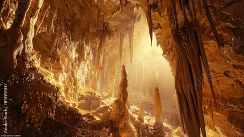 Striking view of a cave's interior bathed in golden light, showcasing detailed rock formations and stalactites.