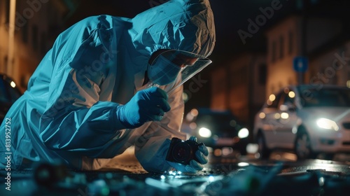 An expert uses technology to better see details of clues and solve the case. A CSI team is on duty at night. Forensics specialist checking camera with evidence found at crime scene.