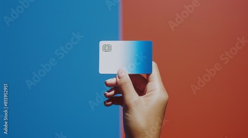 A female hand holds up a credit card against a split blue and red background in a studio setting.