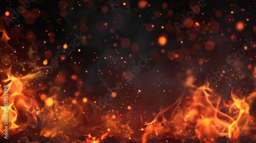 Smoke and flame background with fire spark overlay. Grill heat in cloud isolated transparent modern. Abstract illustration with flying orange sparkles. Hell bonfire fiery with hot cinders.